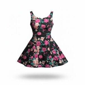 Y2K Floral Sleeveless Dress - Black and Pink Body Central Size S Flirty Spin